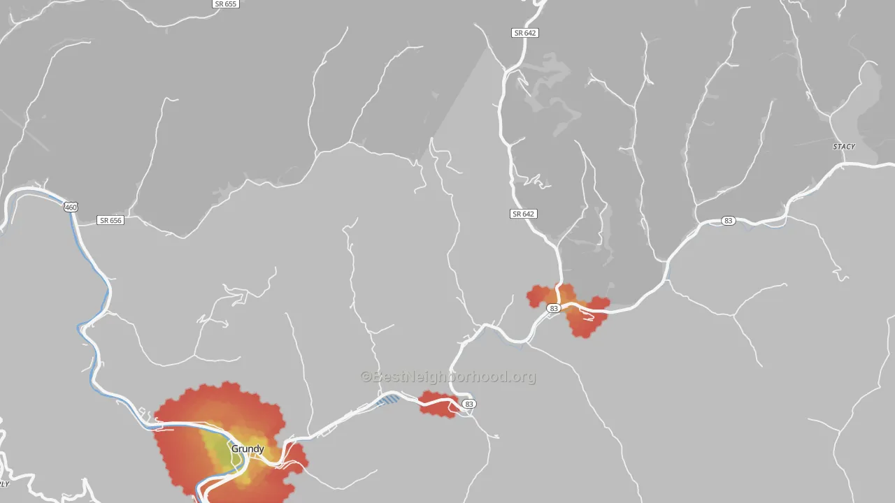 Walk Grade map of Weller, VA, walkable areas in green and car-dependent areas in red