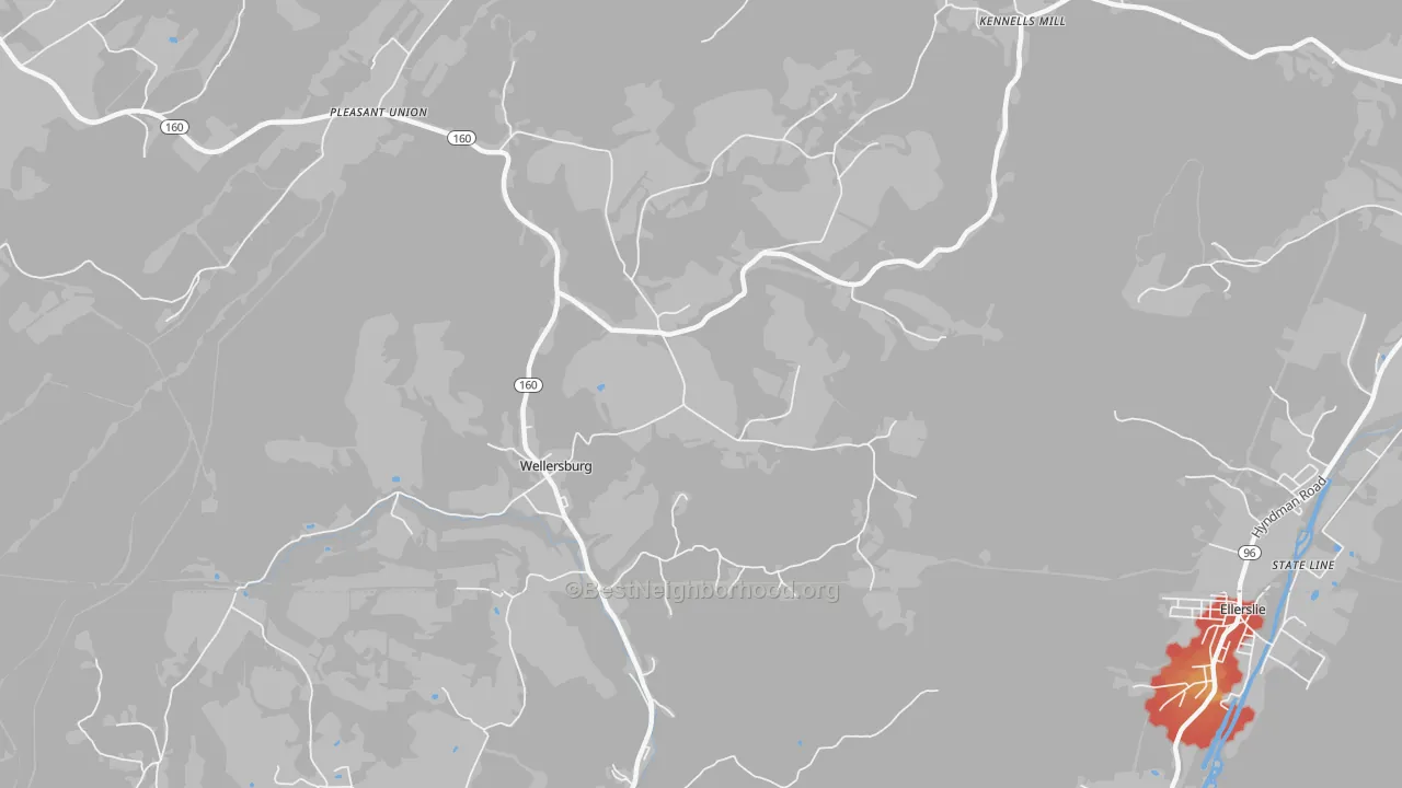 Walk Grade map of Wellersburg, PA, walkable areas in green and car-dependent areas in red