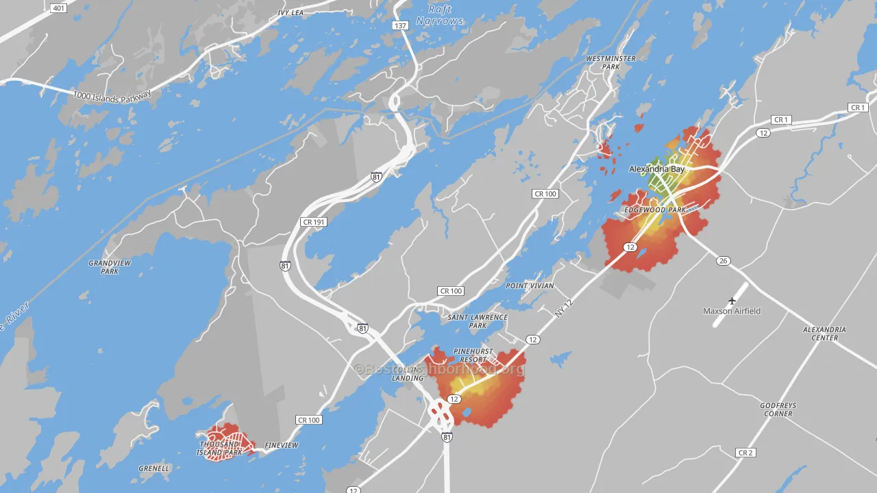 Walk Grade map of Wellesley Island, NY, walkable areas in green and car-dependent areas in red