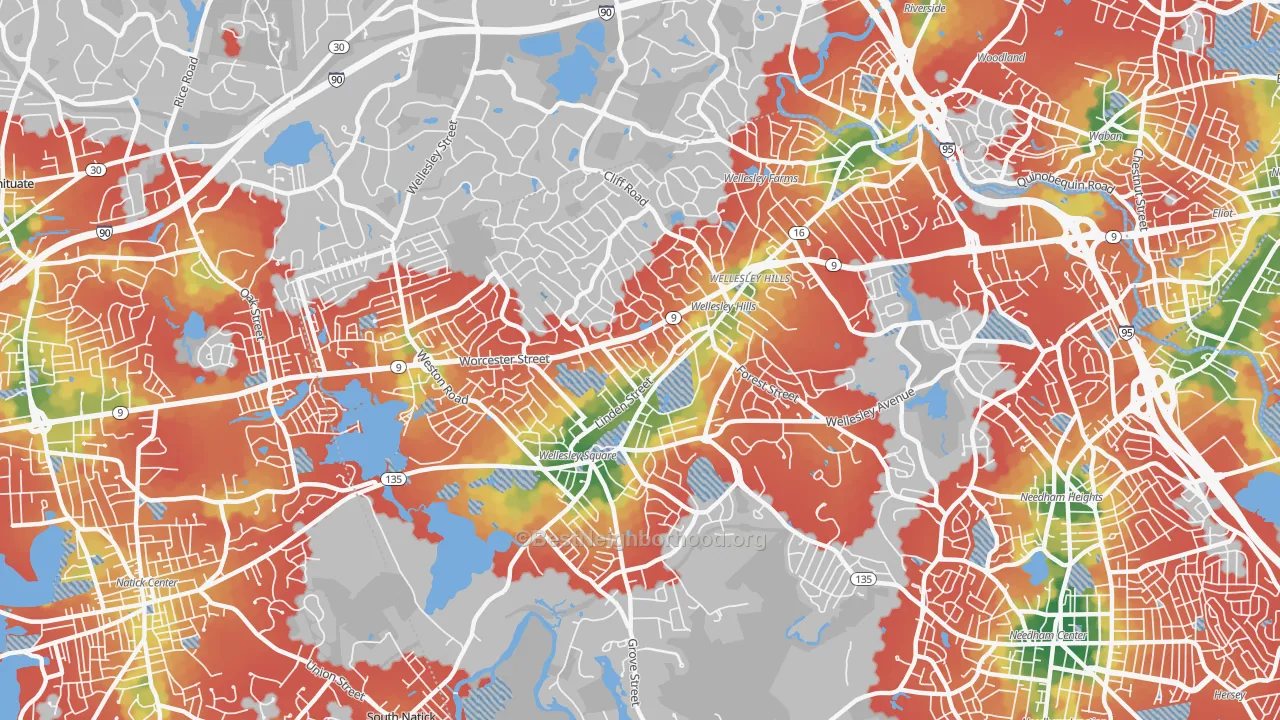 Walk Grade map of Wellesley, MA, walkable areas in green and car-dependent areas in red
