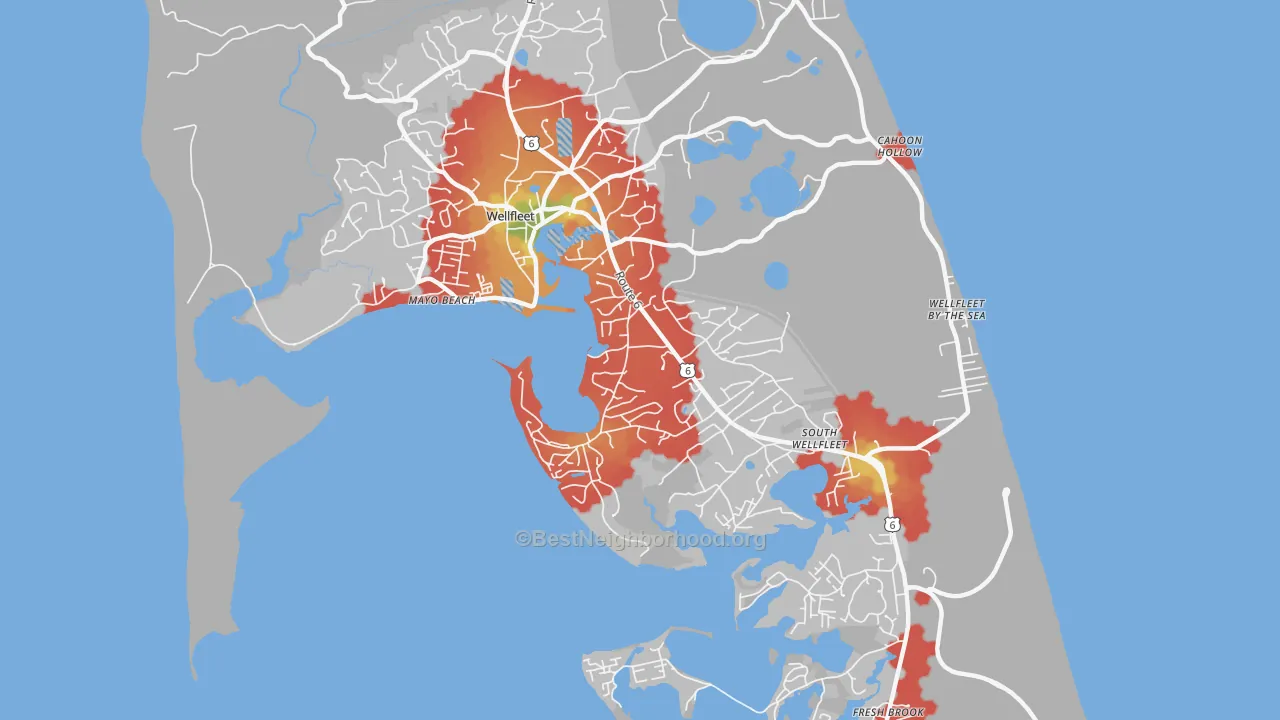 Walk Grade map of Wellfleet, MA, walkable areas in green and car-dependent areas in red