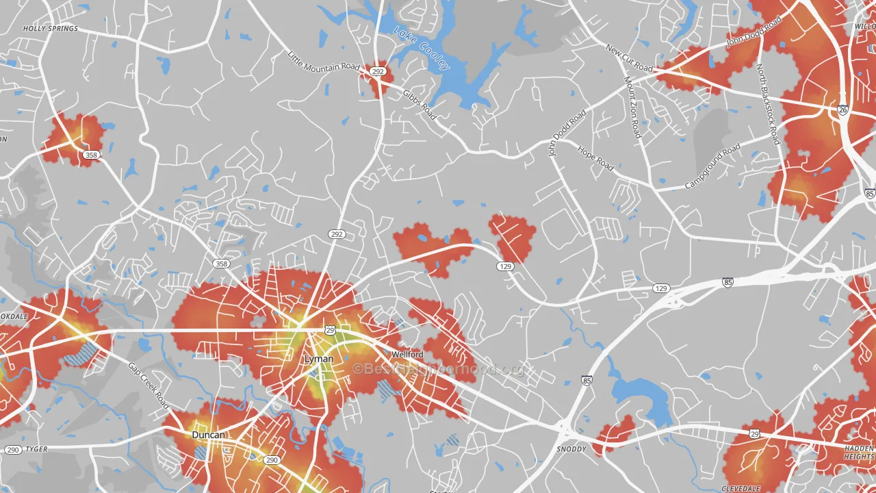 Walk Grade map of Wellford, SC, walkable areas in green and car-dependent areas in red