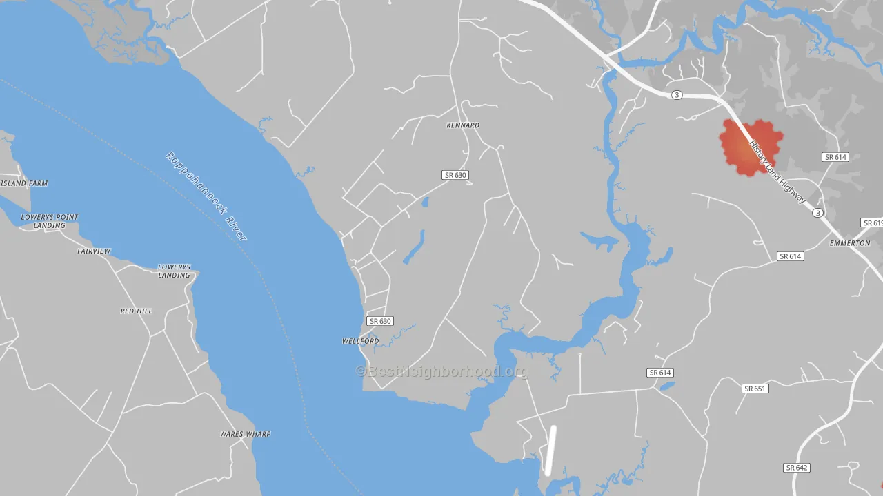 Walk Grade map of Wellford, VA, walkable areas in green and car-dependent areas in red