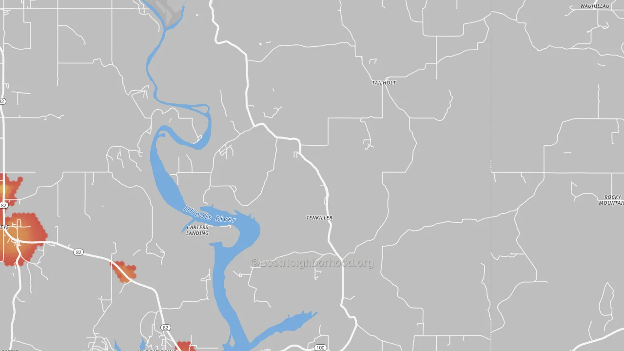 Walk Grade map of Welling, OK, walkable areas in green and car-dependent areas in red
