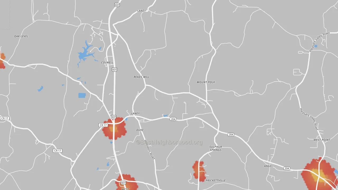 Walk Grade map of Wellington, AL, walkable areas in green and car-dependent areas in red