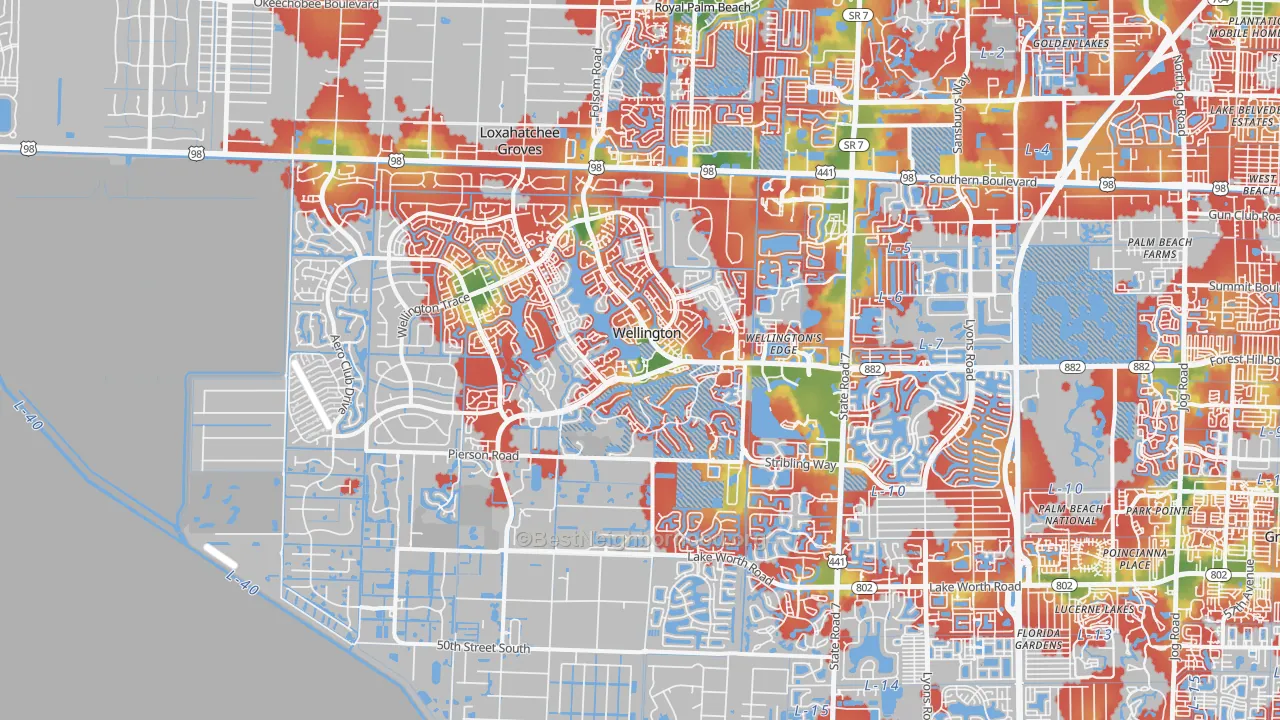 Walk Grade map of Wellington, FL, walkable areas in green and car-dependent areas in red