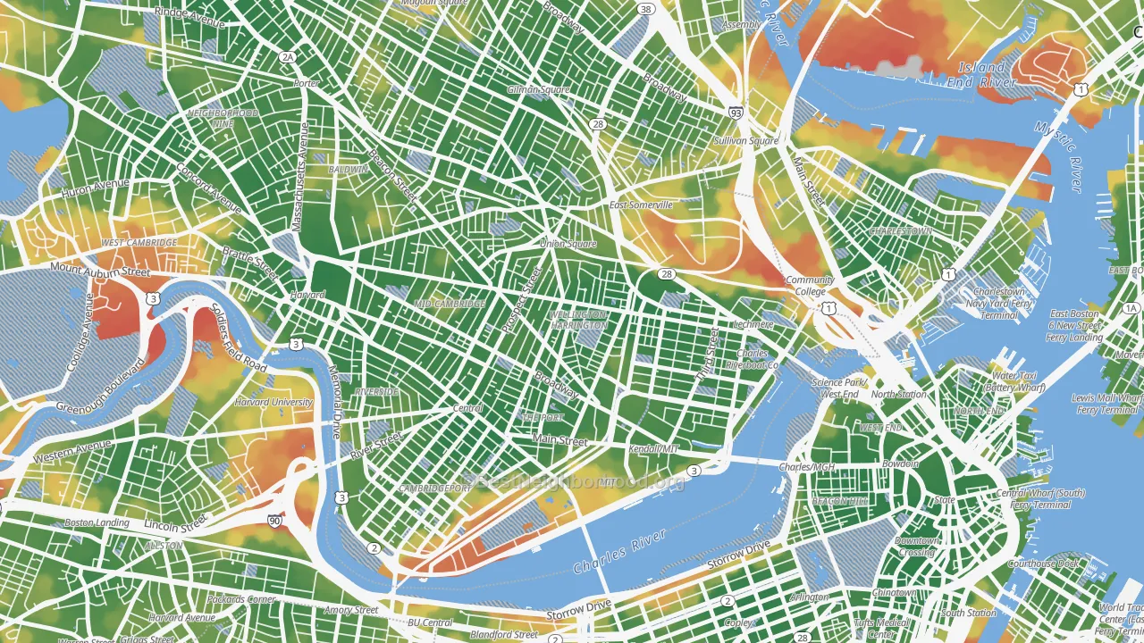Walk Grade map of Wellington-Harrington, Cambridge, MA, walkable areas in green and car-dependent areas in red