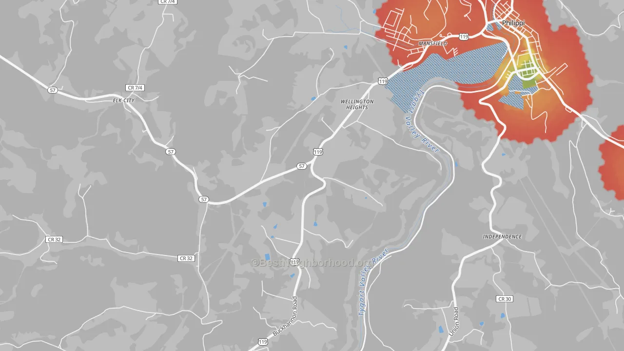 Walk Grade map of Wellington Heights, WV, walkable areas in green and car-dependent areas in red