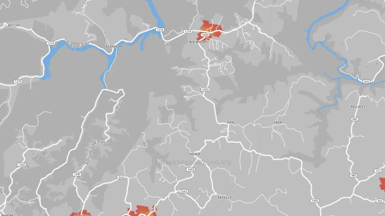 Walk Grade map of Wellington, KY, walkable areas in green and car-dependent areas in red