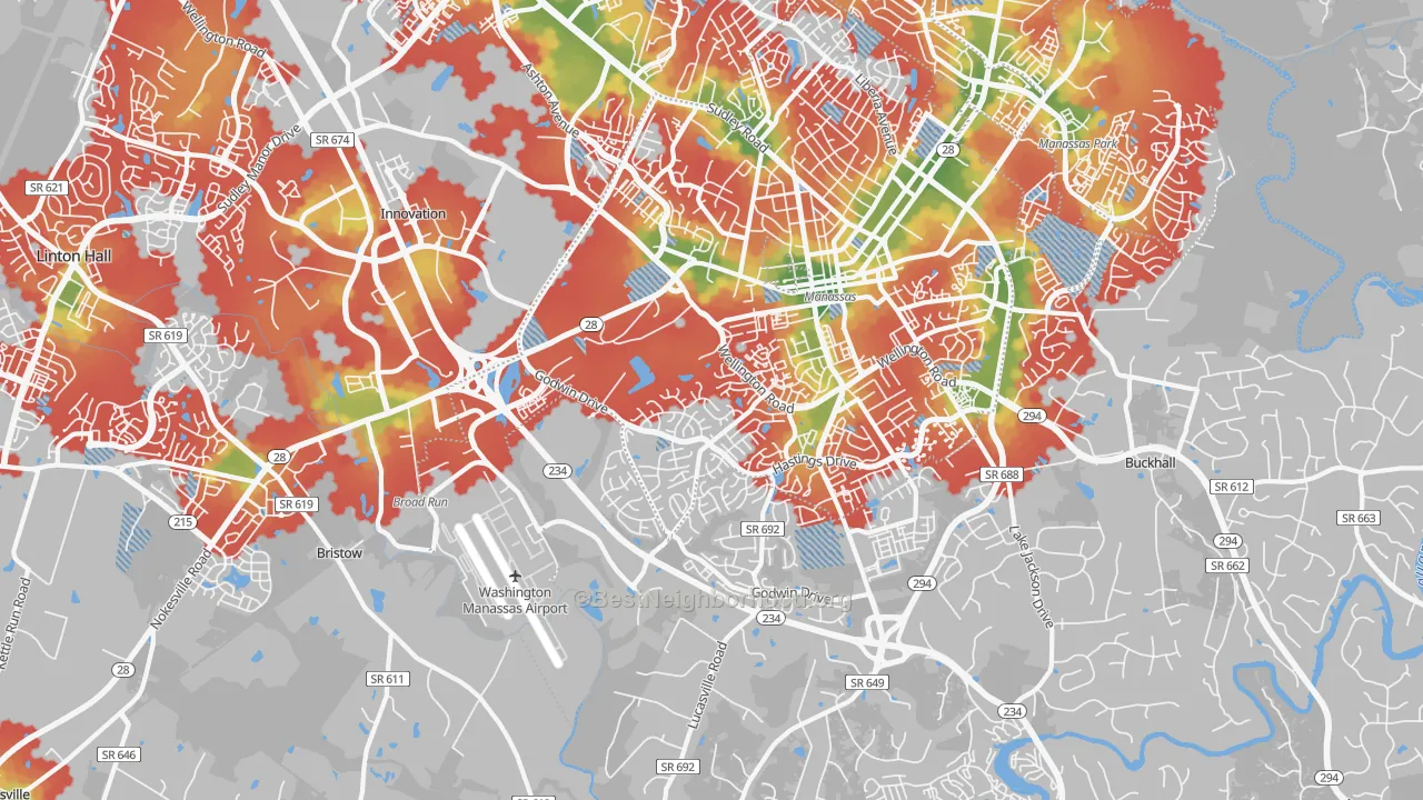 Walk Grade map of Wellington, Manassas, VA, walkable areas in green and car-dependent areas in red