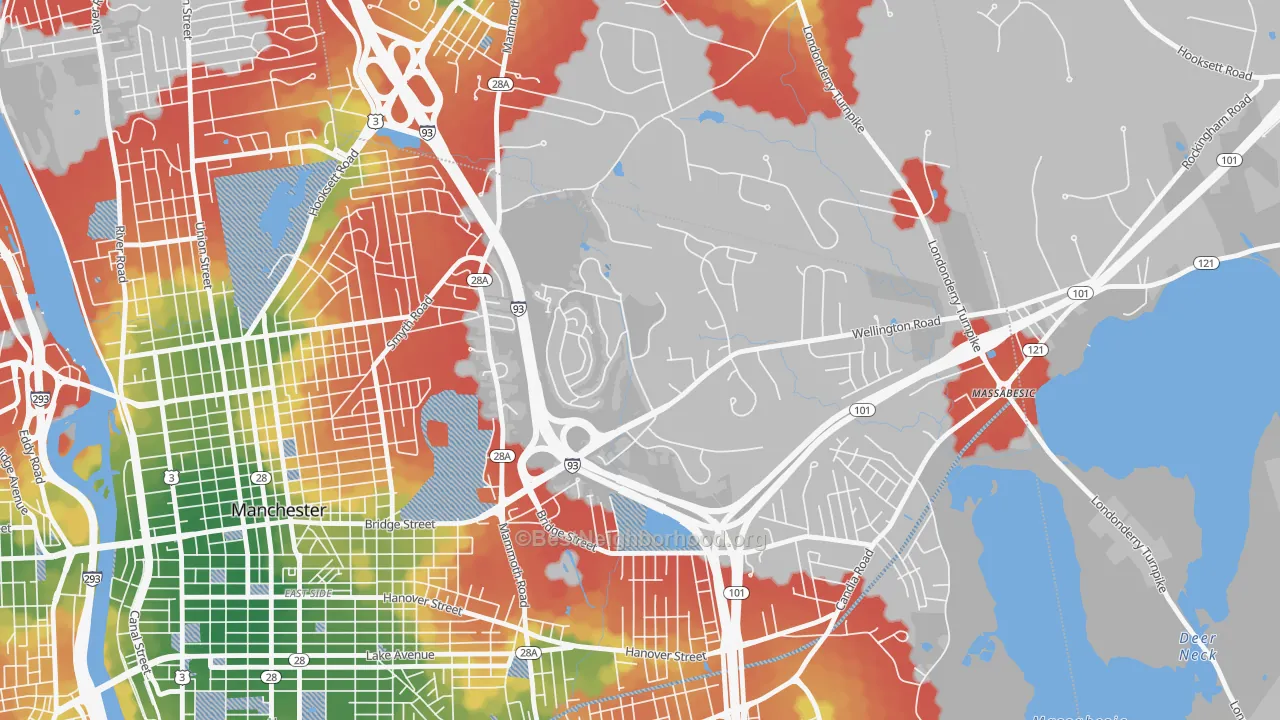 Walk Grade map of Wellington, Manchester, NH, walkable areas in green and car-dependent areas in red
