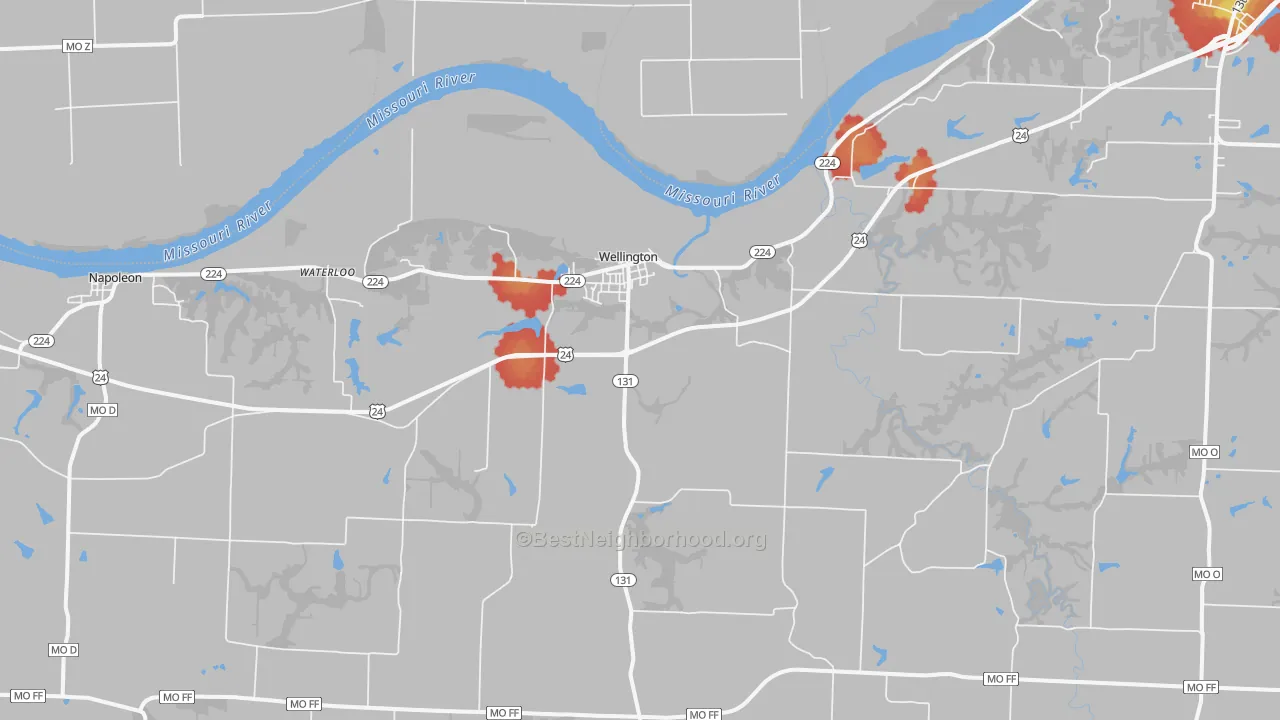 Walk Grade map of Wellington, MO, walkable areas in green and car-dependent areas in red