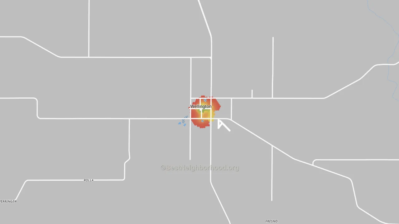 Walk Grade map of Wellington, TX, walkable areas in green and car-dependent areas in red