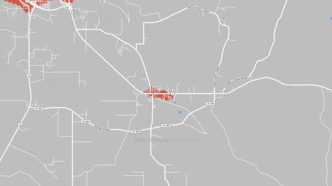 Walk Grade map of Wellington, UT, walkable areas in green and car-dependent areas in red