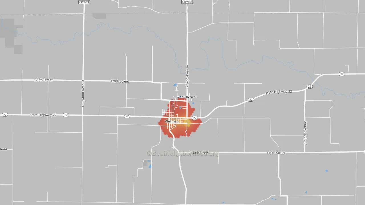 Walk Grade map of Wellman, IA, walkable areas in green and car-dependent areas in red