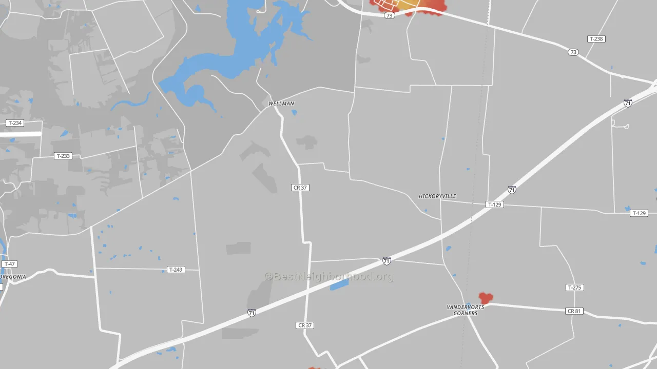 Walk Grade map of Wellman, OH, walkable areas in green and car-dependent areas in red