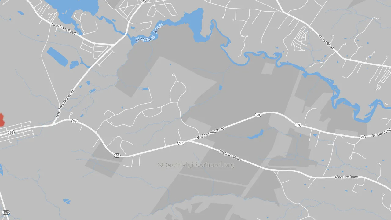 Walk Grade map of Wells Branch, ME, walkable areas in green and car-dependent areas in red