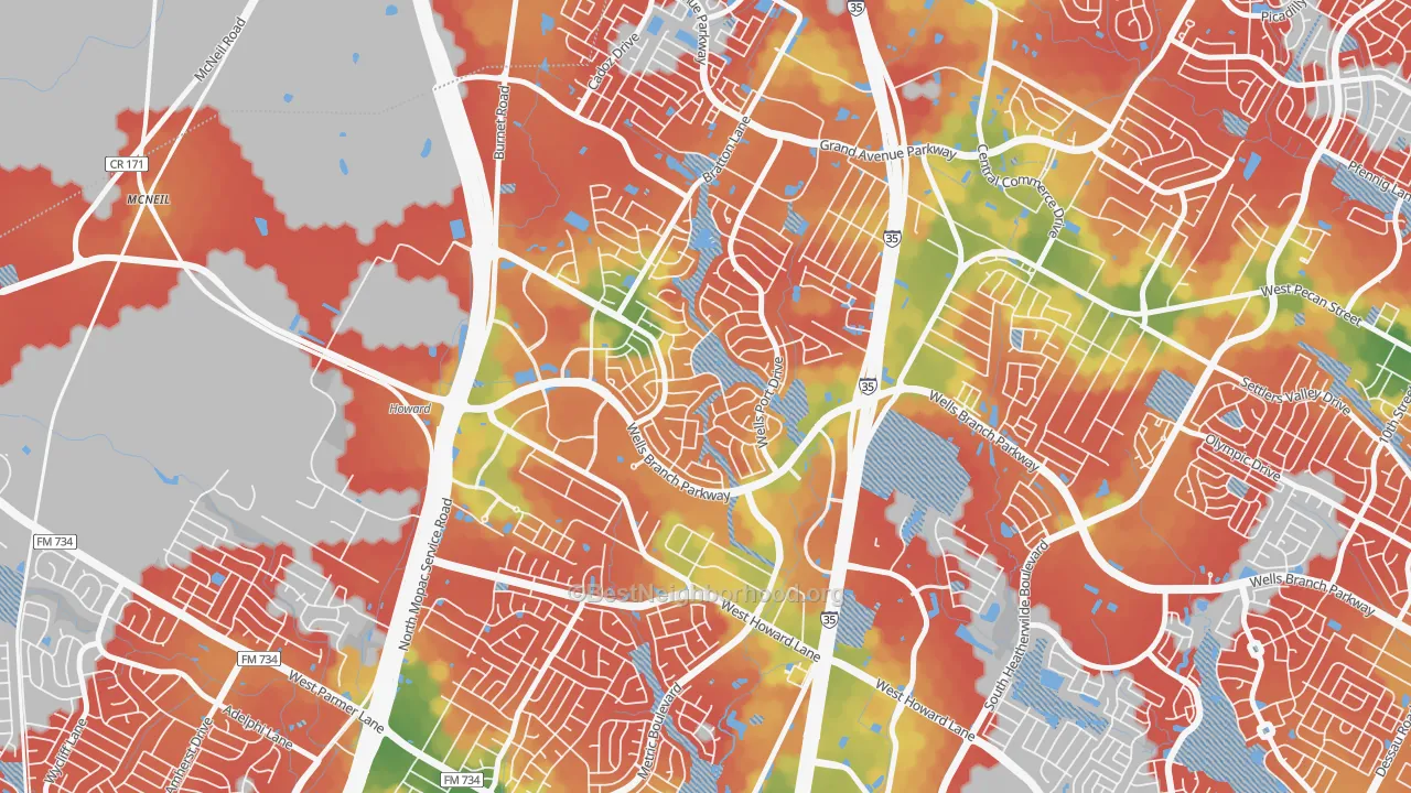 Walk Grade map of Wells Branch, TX, walkable areas in green and car-dependent areas in red
