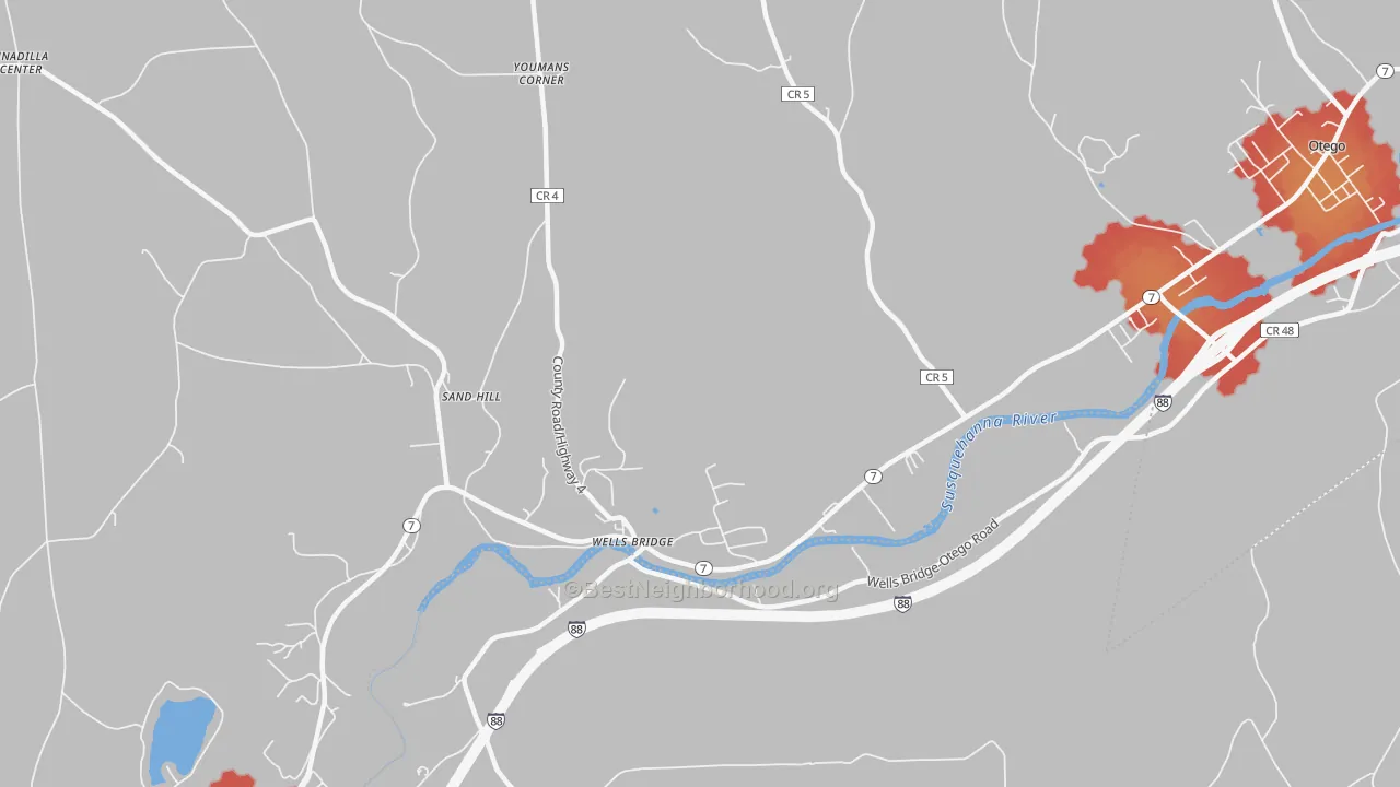 Walk Grade map of Wells Bridge, NY, walkable areas in green and car-dependent areas in red