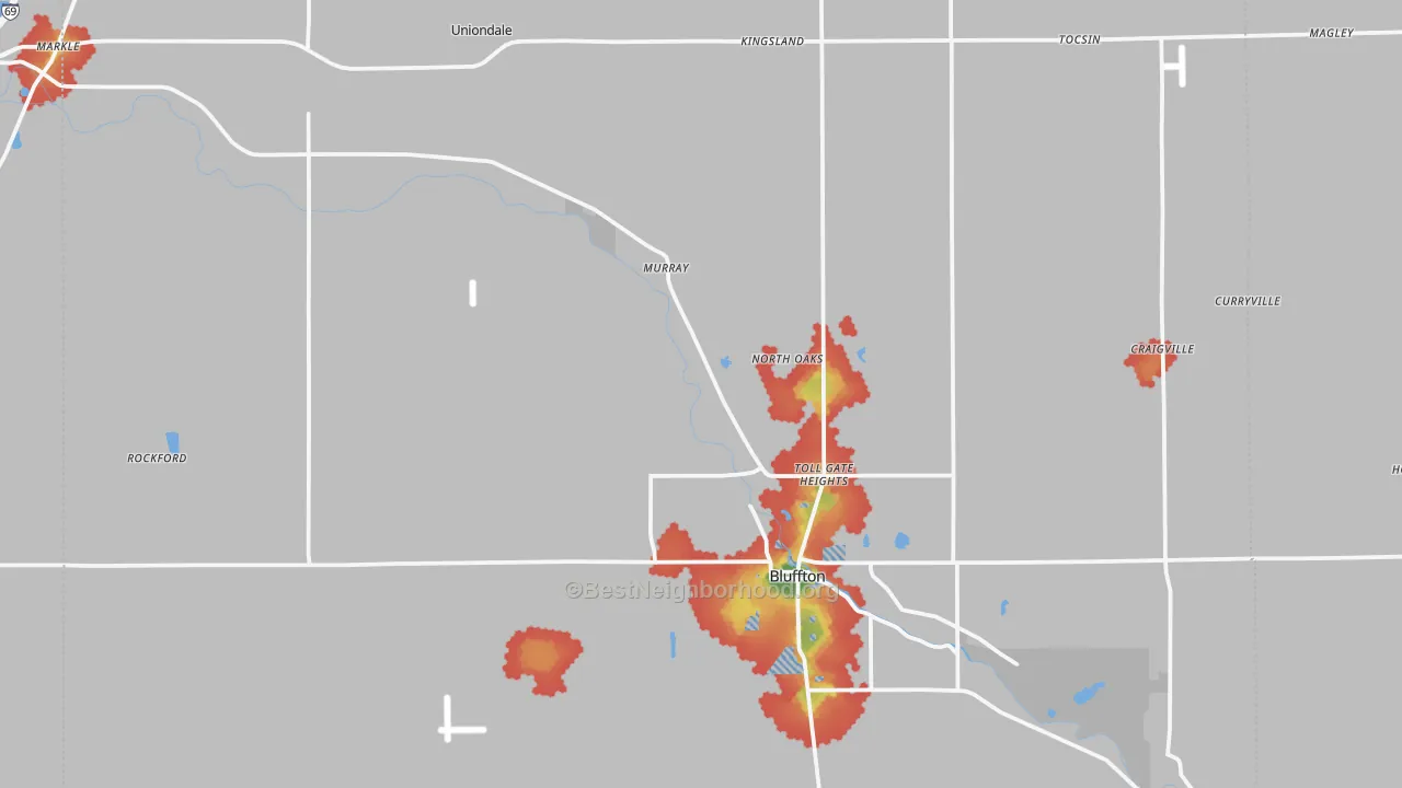 Walk Grade map of Wells County, IN, walkable areas in green and car-dependent areas in red