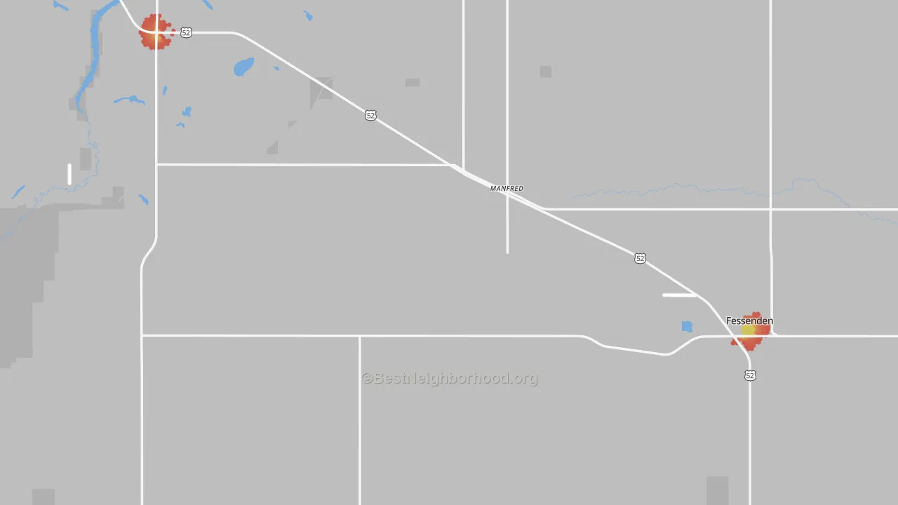 Walk Grade map of Wells County, ND, walkable areas in green and car-dependent areas in red