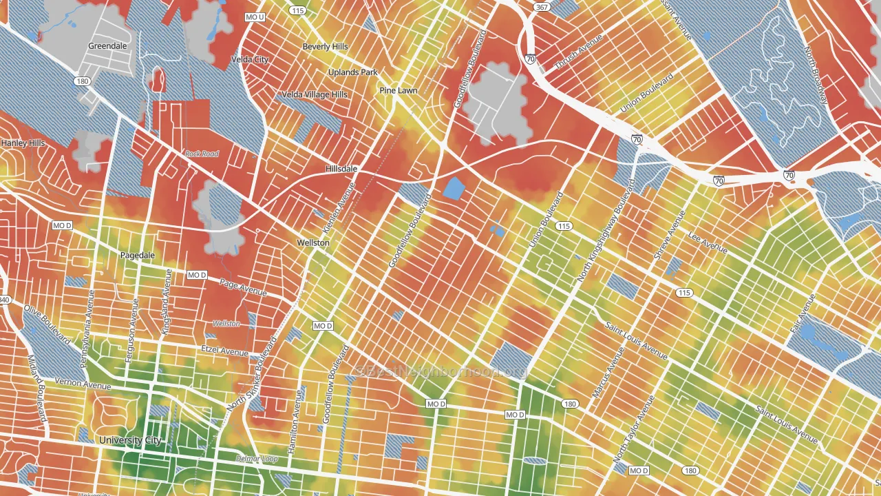 Walk Grade map of Wells-Goodfellow, St. Louis, MO, walkable areas in green and car-dependent areas in red
