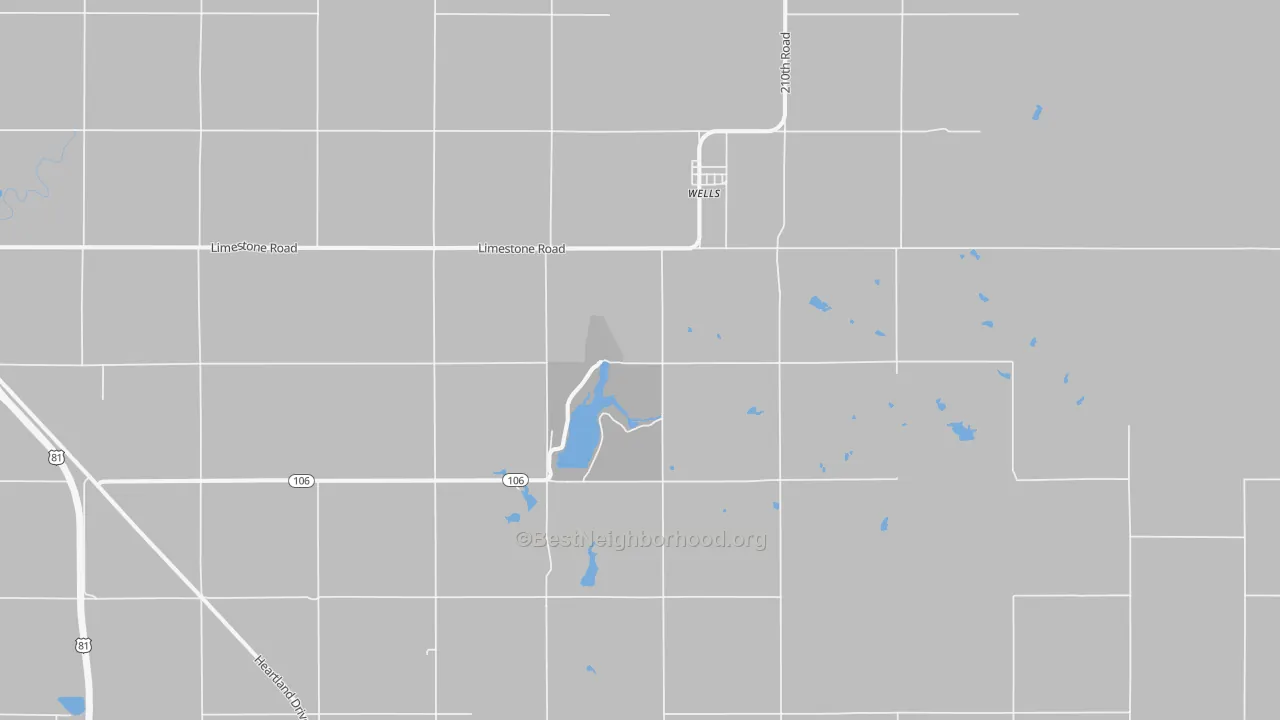 Walk Grade map of Wells, KS, walkable areas in green and car-dependent areas in red
