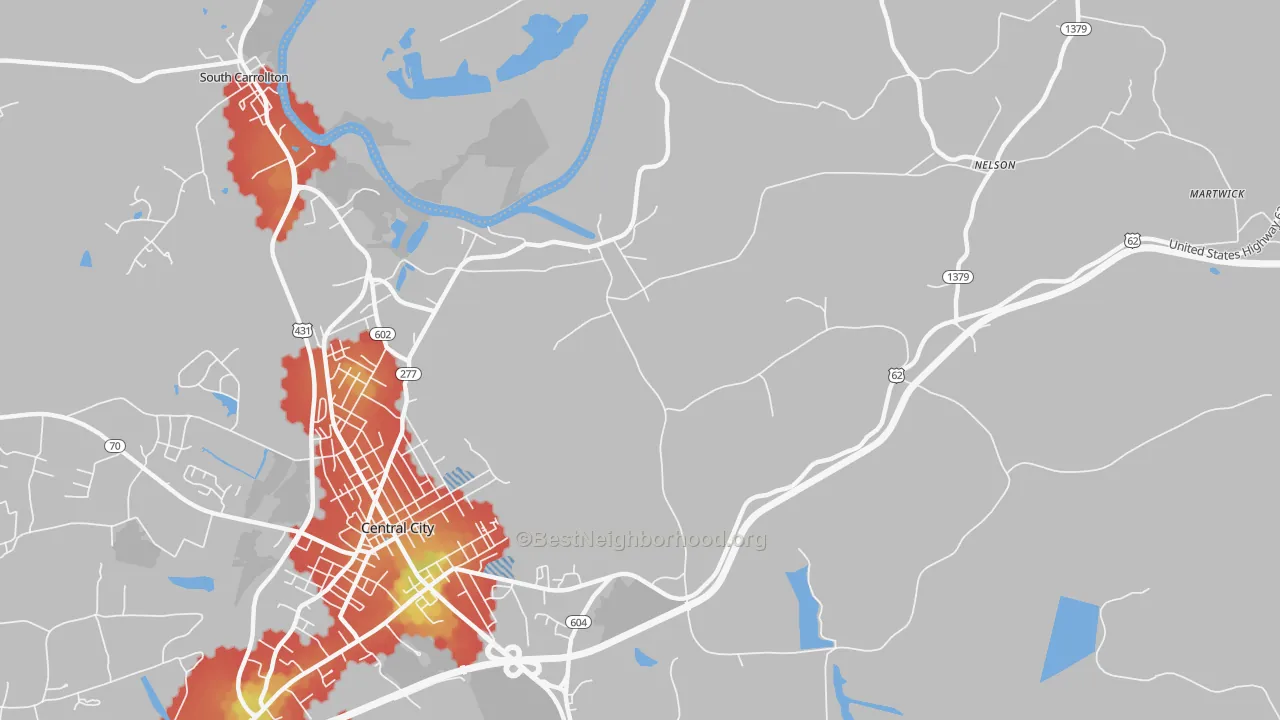 Walk Grade map of Wells, KY, walkable areas in green and car-dependent areas in red