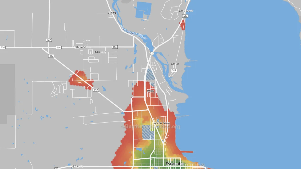Walk Grade map of Wells, MI, walkable areas in green and car-dependent areas in red