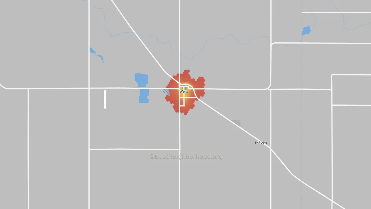 Walk Grade map of Wells, MN, walkable areas in green and car-dependent areas in red
