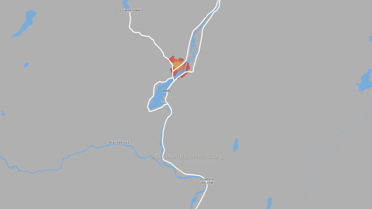 Walk Grade map of Wells, NY, walkable areas in green and car-dependent areas in red