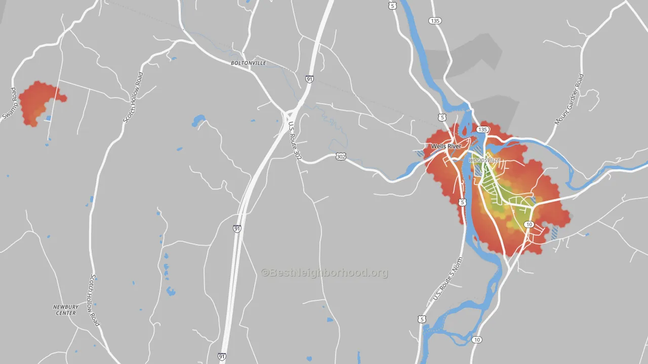Walk Grade map of Wells River, VT, walkable areas in green and car-dependent areas in red