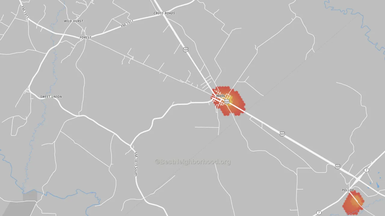 Walk Grade map of Wells, TX, walkable areas in green and car-dependent areas in red