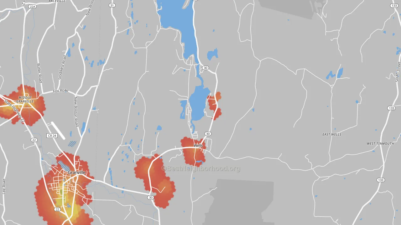 Walk Grade map of Wells, VT, walkable areas in green and car-dependent areas in red