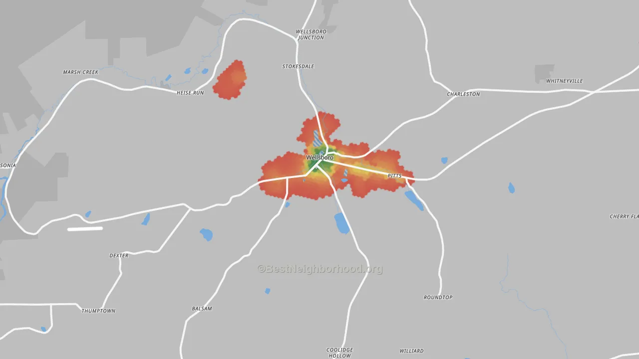 Walk Grade map of Wellsboro, PA, walkable areas in green and car-dependent areas in red