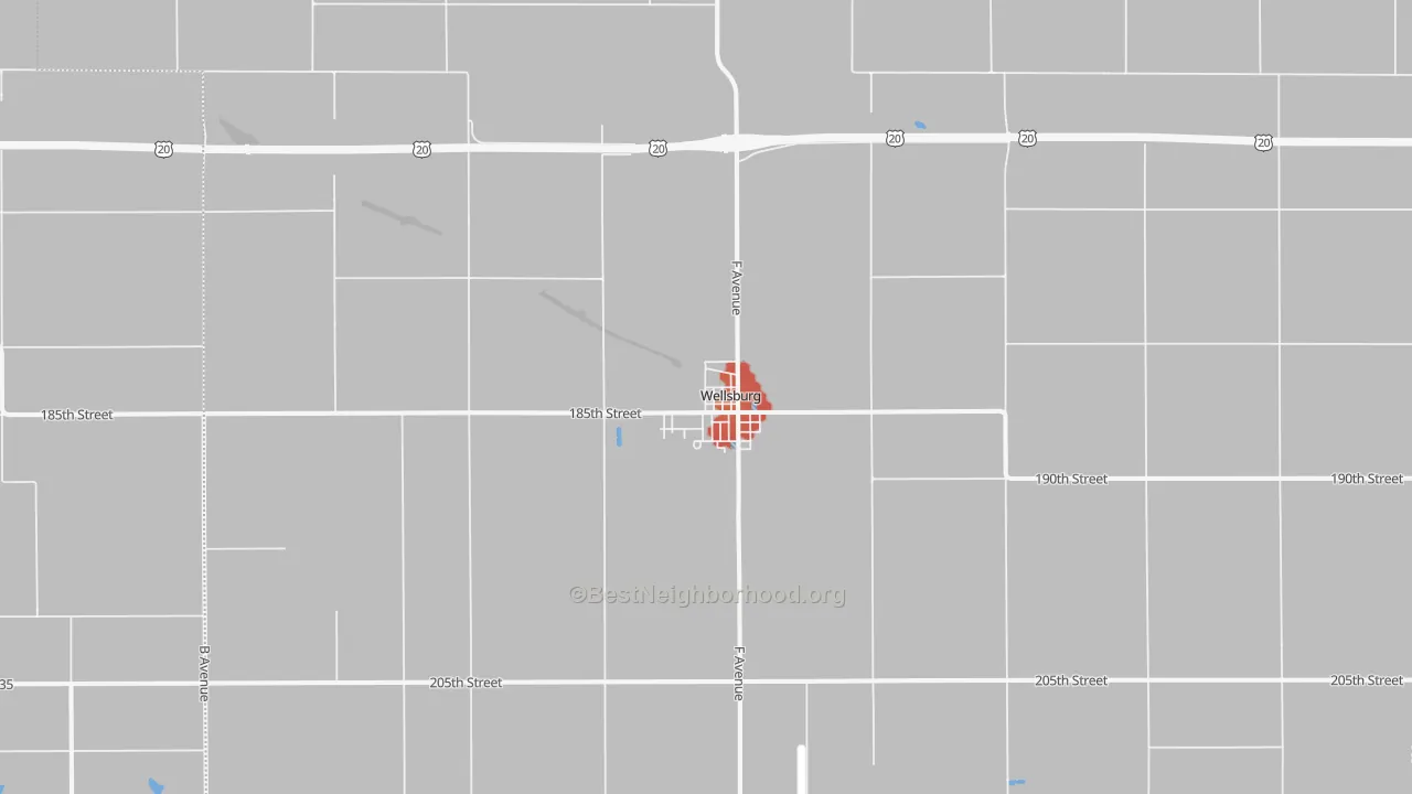 Walk Grade map of Wellsburg, IA, walkable areas in green and car-dependent areas in red