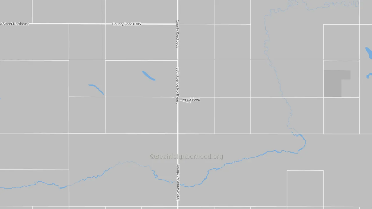 Walk Grade map of Wellsburg, ND, walkable areas in green and car-dependent areas in red