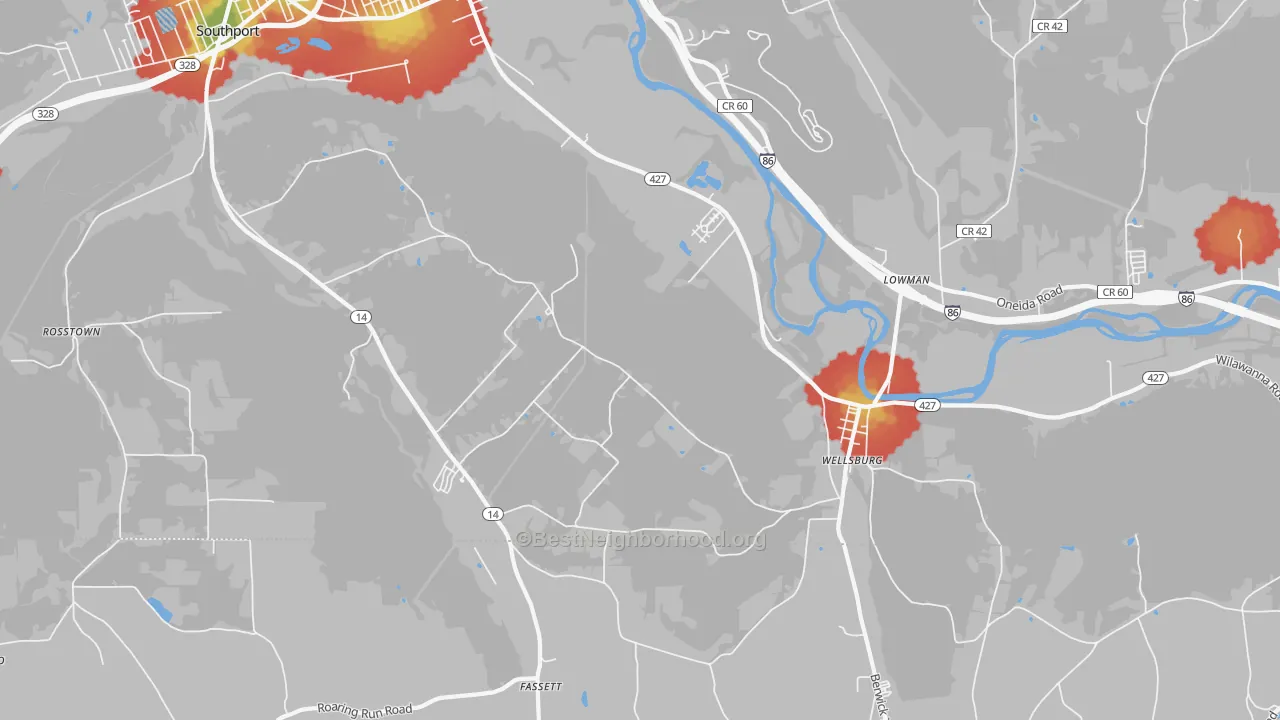 Walk Grade map of Wellsburg, NY, walkable areas in green and car-dependent areas in red