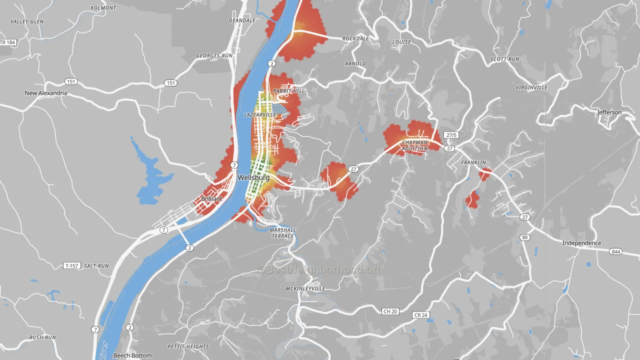 Walk Grade map of Wellsburg, WV, walkable areas in green and car-dependent areas in red