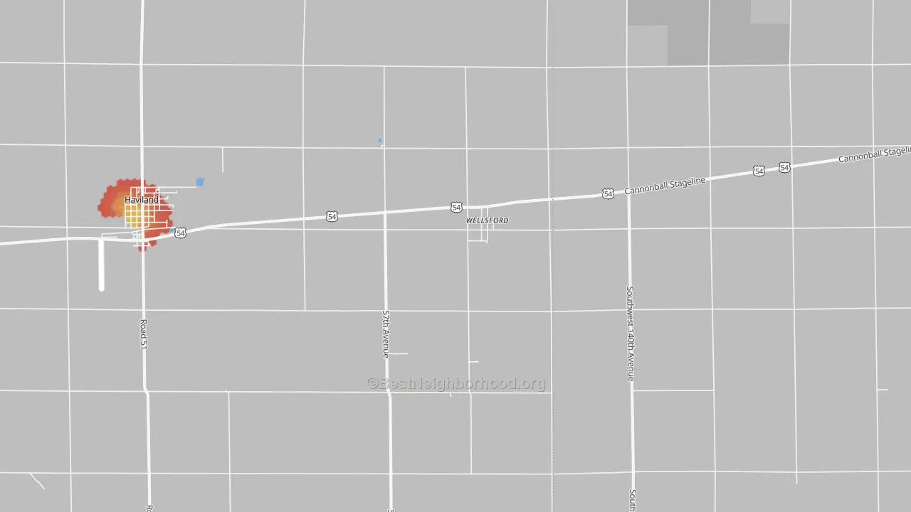 Walk Grade map of Wellsford, KS, walkable areas in green and car-dependent areas in red