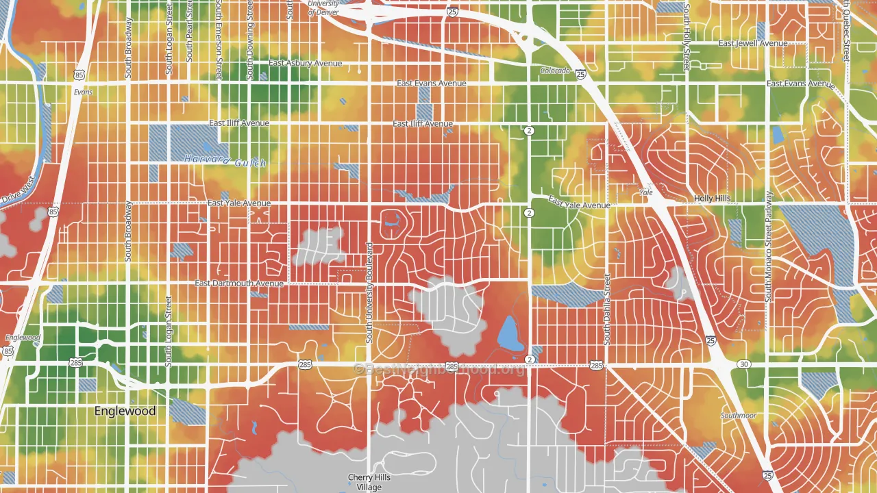 Walk Grade map of Wellshire, Denver, CO, walkable areas in green and car-dependent areas in red