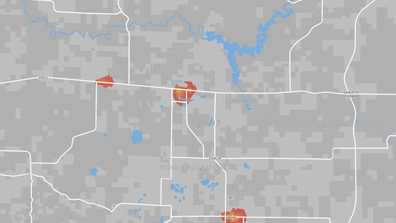 Walk Grade map of Wellston, MI, walkable areas in green and car-dependent areas in red