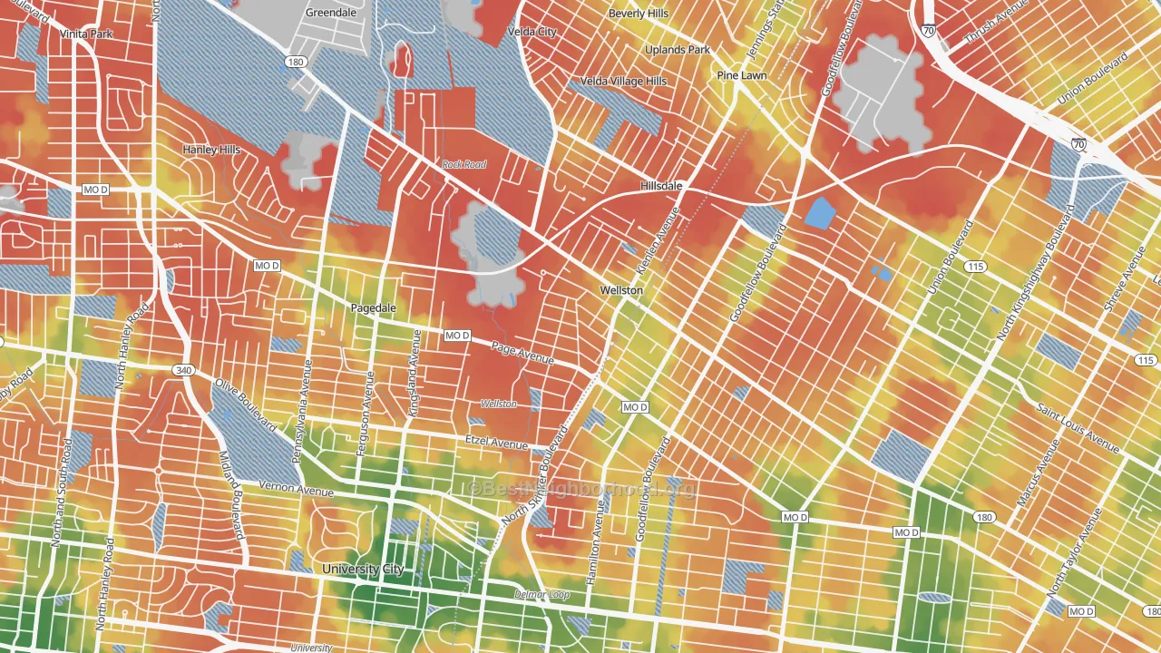 Walk Grade map of Wellston, MO, walkable areas in green and car-dependent areas in red