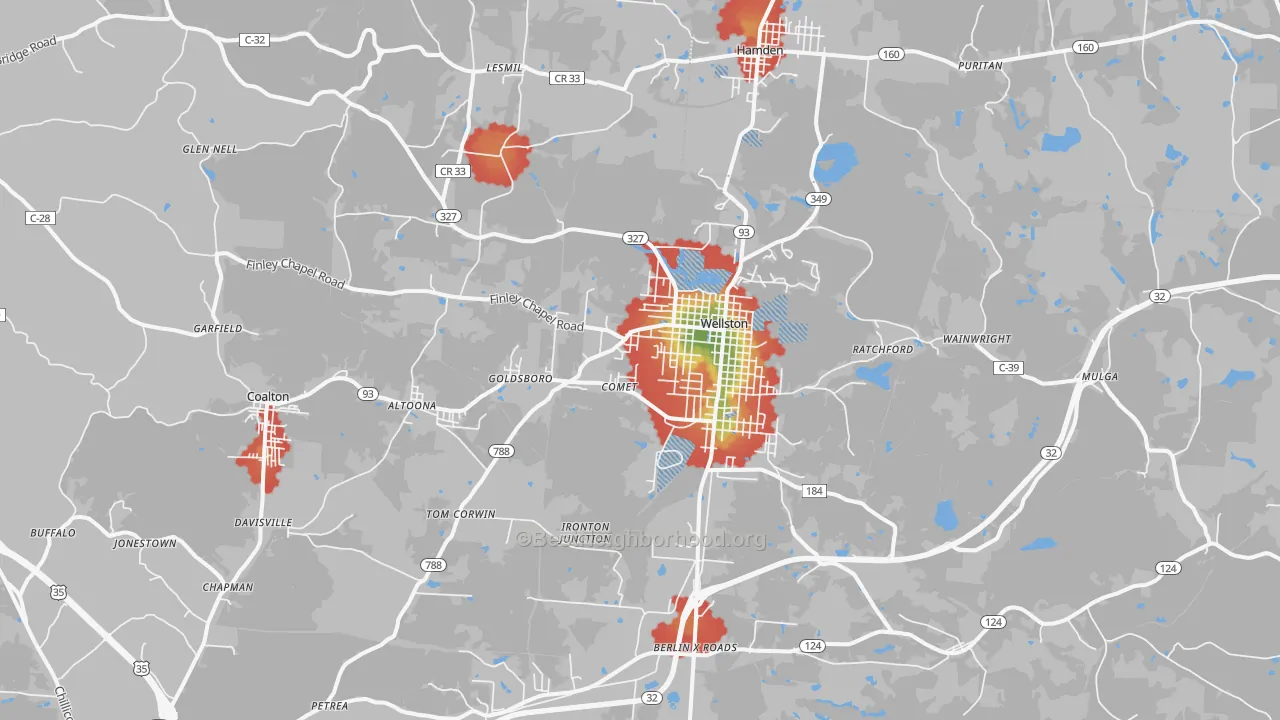 Walk Grade map of Wellston, OH, walkable areas in green and car-dependent areas in red