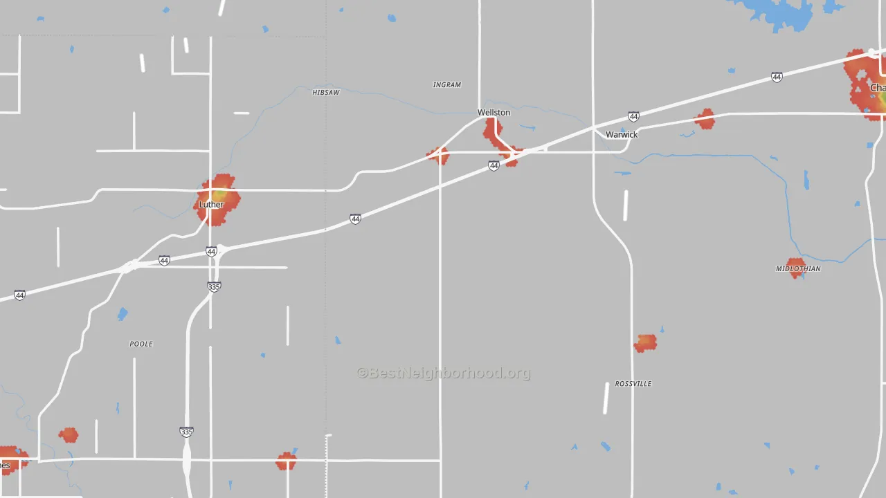 Walk Grade map of Wellston, OK, walkable areas in green and car-dependent areas in red