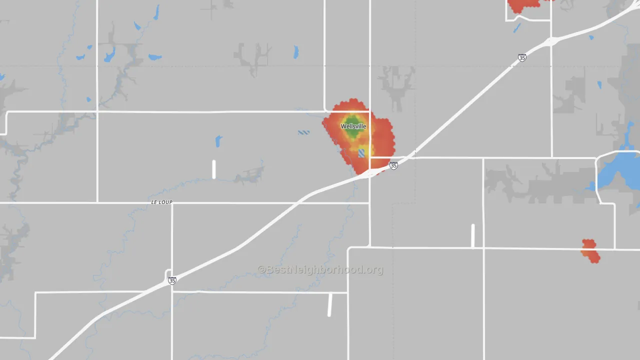 Walk Grade map of Wellsville, KS, walkable areas in green and car-dependent areas in red