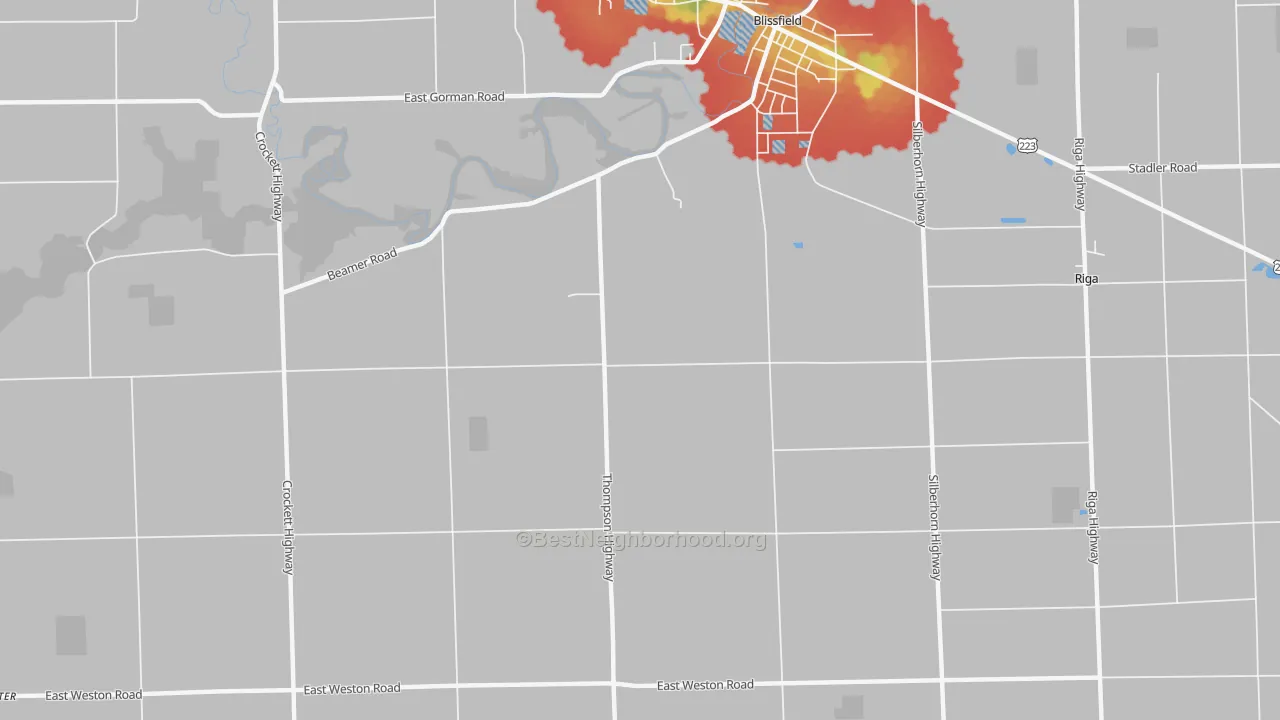 Walk Grade map of Wellsville, MI, walkable areas in green and car-dependent areas in red