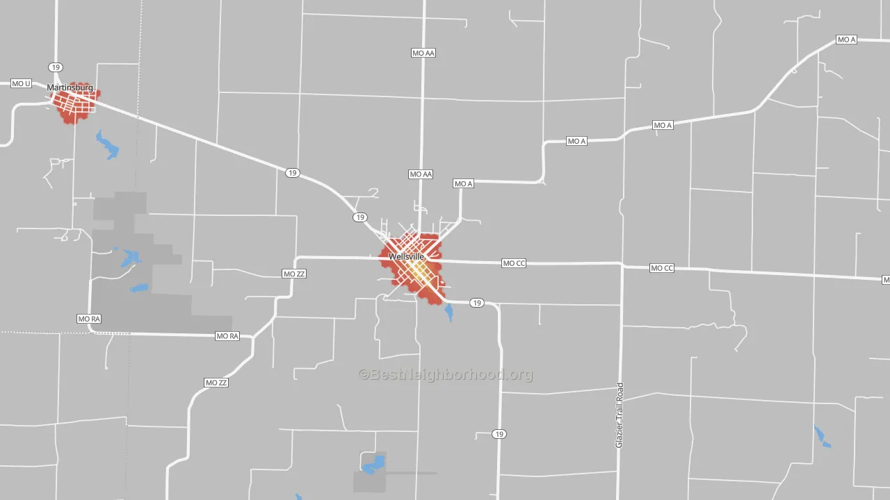 Walk Grade map of Wellsville, MO, walkable areas in green and car-dependent areas in red