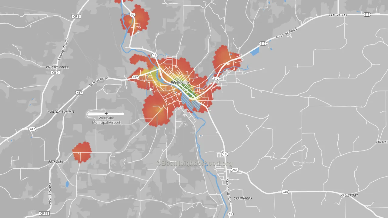 Walk Grade map of Wellsville, NY, walkable areas in green and car-dependent areas in red