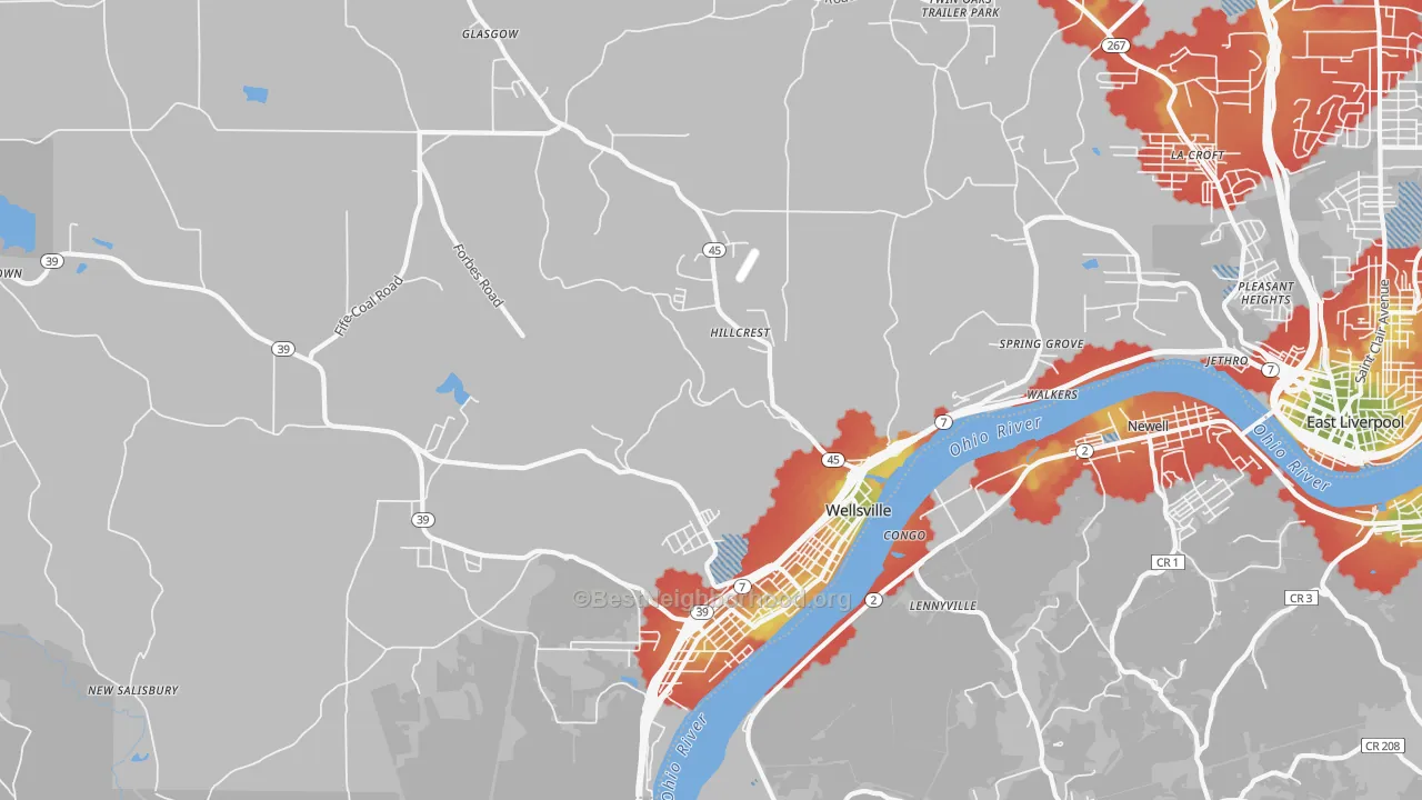 Walk Grade map of Wellsville, OH, walkable areas in green and car-dependent areas in red